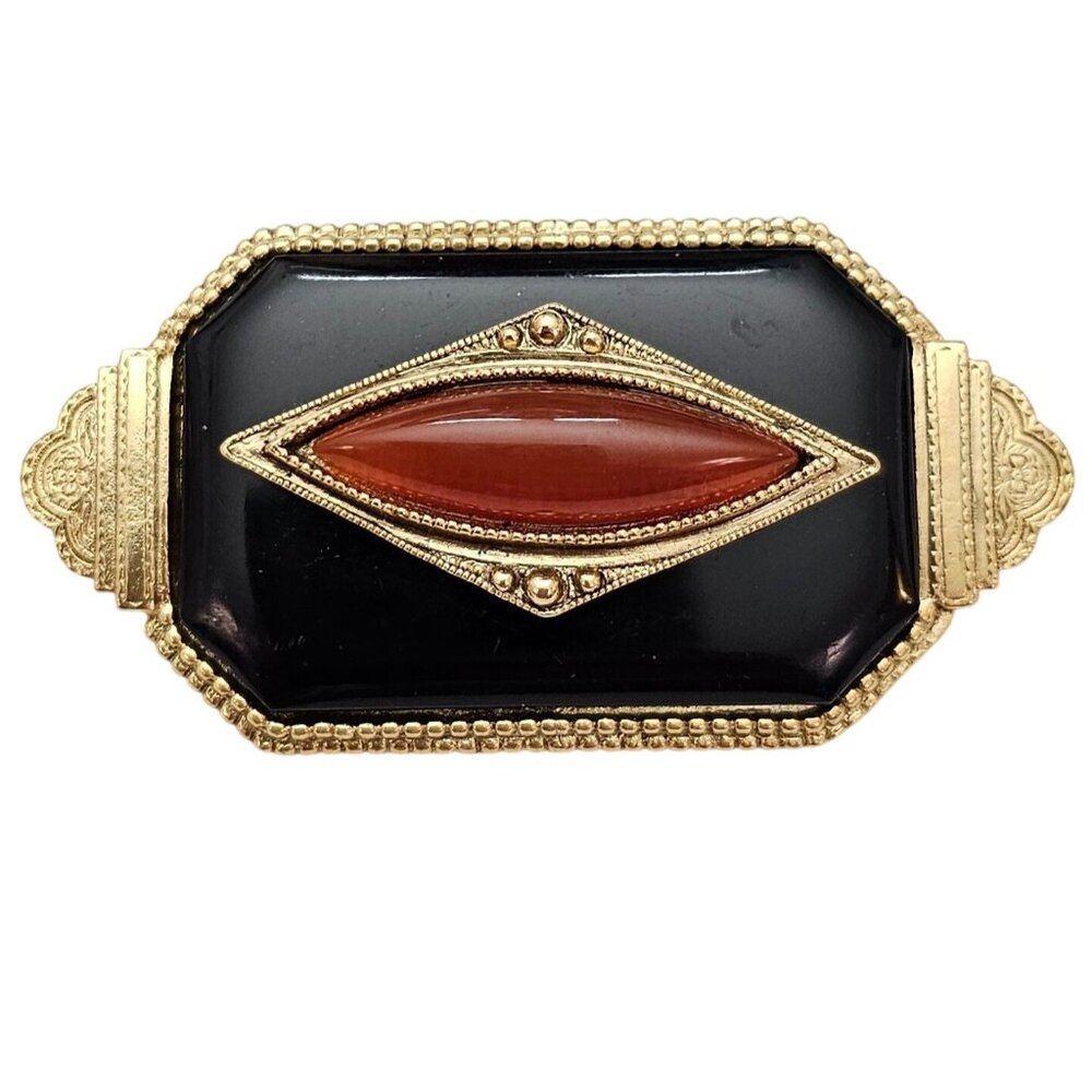 1928 Brand Art Deco Style Oval Cornelian Glass Bar Brooch Black Lucite Pin C867 - Picture 9 of 9